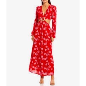 WAYF Linda Cut Out Floral Maxi Dress Red Long Sleeve O Ring Detail Size L